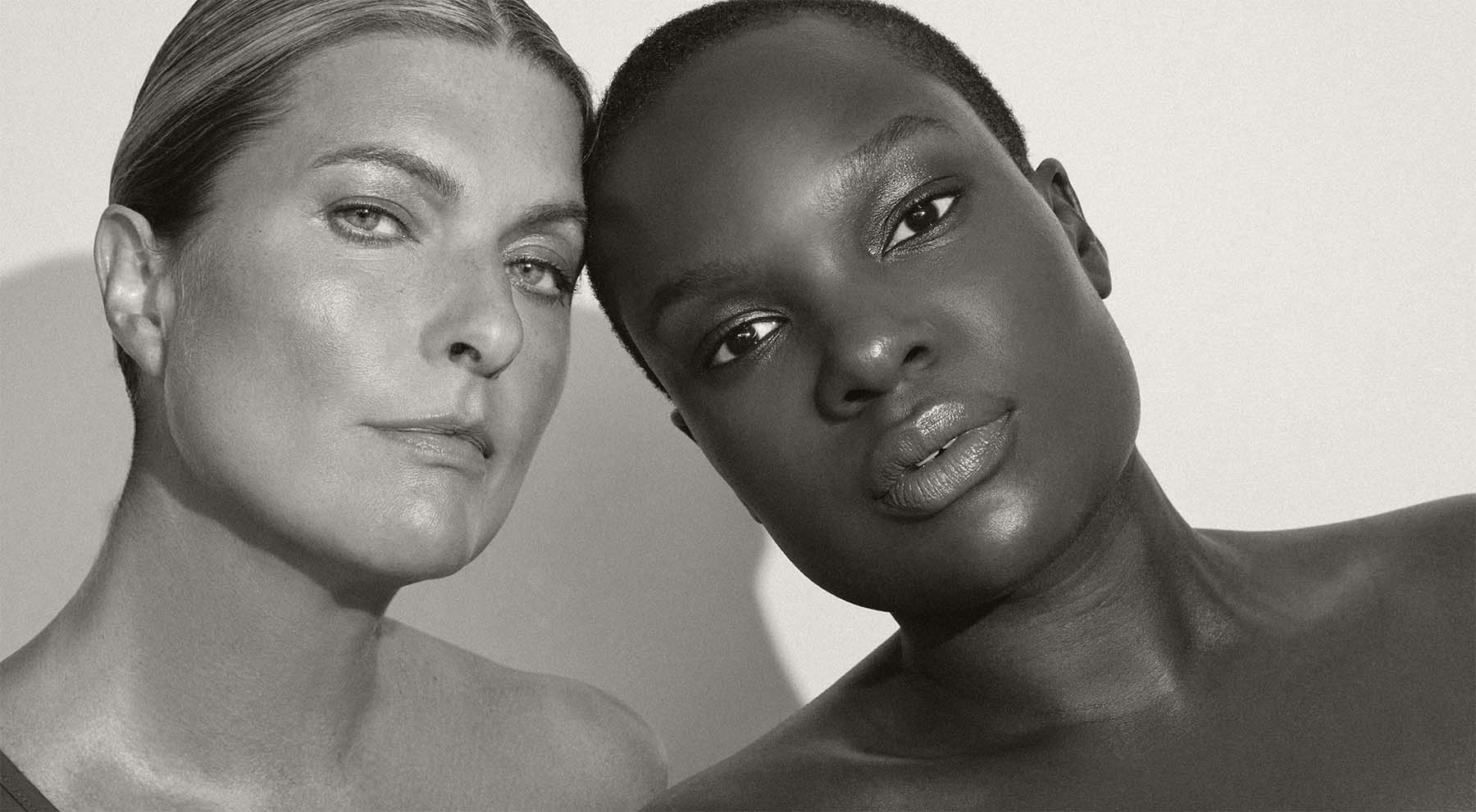 Black and white banner of models wearing Aleph Beauty Make-up